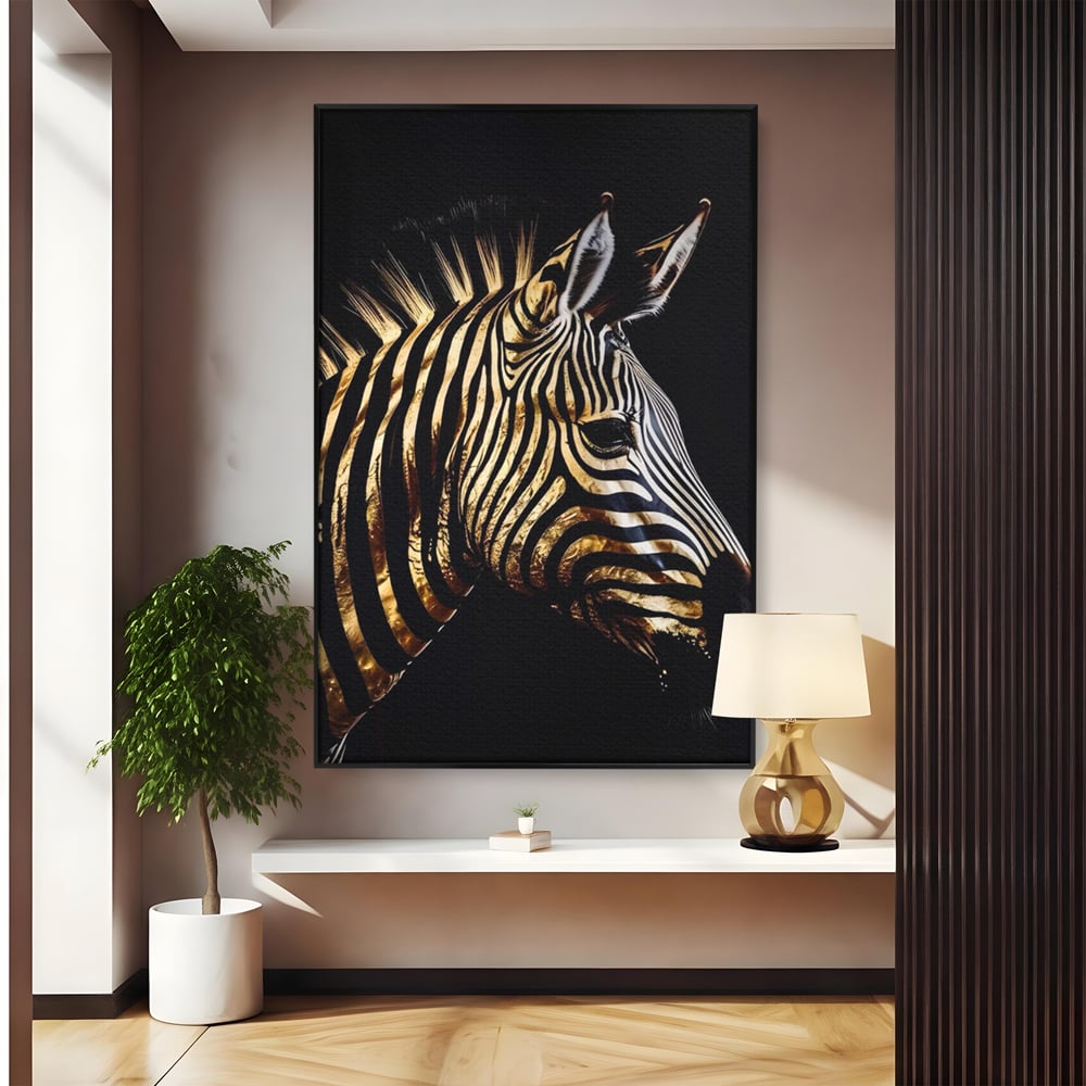 Tablou canvas cu tablou canvas cu cap de zebra aurie, in rama de aluminiu negru